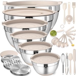 26-Piece Mixing Bowl Set with Hermetic Lids, Stainless Metal Khaki Bowls That includes Grater Attachments, Non-Slip Bottoms, and Kitchen Devices, Sizes 7QT, 4QT, 2.5QT, 2QT, 1.5QT,…