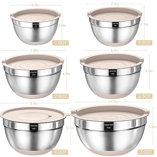 26-Piece Mixing Bowl Set with Hermetic Lids, Stainless Metal Khaki Bowls That includes Grater Attachments, Non-Slip Bottoms, and Kitchen Devices, Sizes 7QT, 4QT, 2.5QT, 2QT, 1.5QT,...