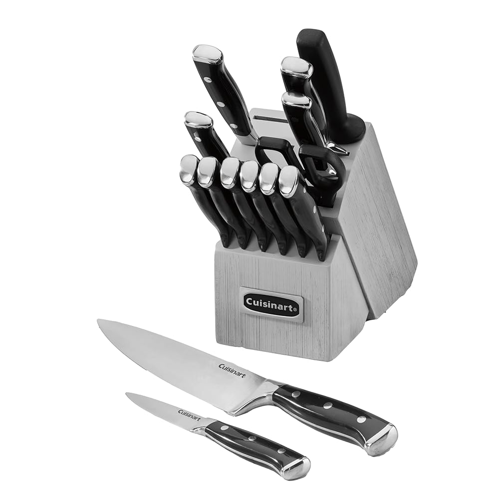 Cuisinart 15-Piece Knife Set with Block – Excessive Carbon Stainless Metal, Solid Triple Rivet, Black and Grey (Mannequin: C77BTR-15PG)