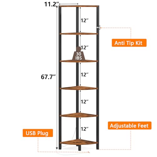 Furnulem 6-Tier Nook Shelf with LED Lighting, 67.5” Tall Freestanding Organizer, Slim Bookshelf and Storage Rack for Nook Areas, Supreme for Residing Room and Bed room, Steel...