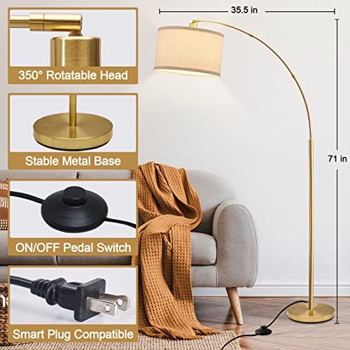 Gold Fashionable Arc Flooring Lamp for Dwelling Room - Tall Pole Gentle with Foot Change, Adjustable Hanging Drum Shade, Best Over Sofa Studying Gentle for Bed room and Workplace, LED Suitable