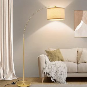 Gold Fashionable Arc Flooring Lamp for Dwelling Room – Tall Pole Gentle with Foot Change, Adjustable Hanging Drum Shade, Best Over Sofa Studying Gentle for Bed room and Workplace, LED Suitable