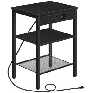 HOOBRO Black Finish Desk with Charging Station and USB Ports, 3-Tier Nightstand with Adjustable Shelf, Compact Aspect Desk for Small Areas in Residing Room, Bed room, and Balcony -…