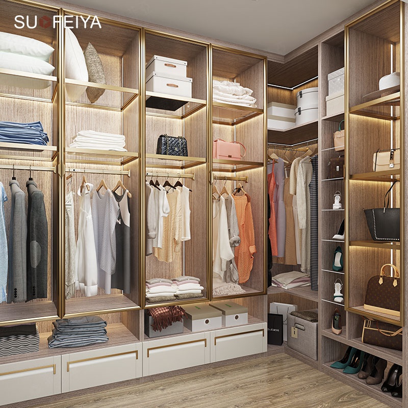 Suofeiya Italian-Fashion U-Form Open Cloakroom Wardrobe Cupboard with Metallic and Glass Doorways – Stroll-In Garments Closet