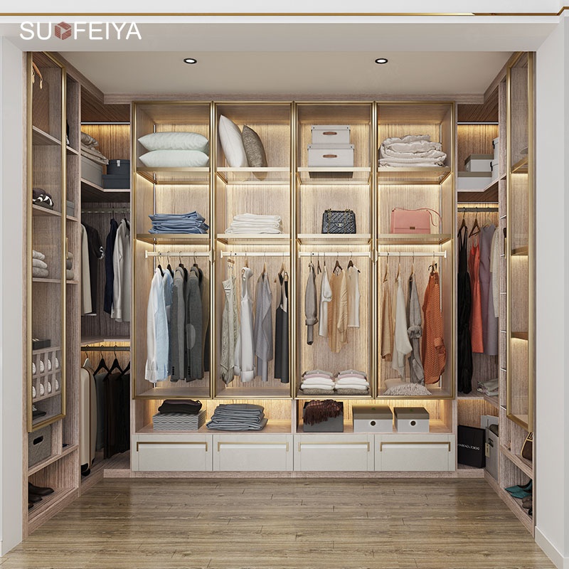 Suofeiya Italian-Fashion U-Form Open Cloakroom Wardrobe Cupboard with Metallic and Glass Doorways – Stroll-In Garments Closet